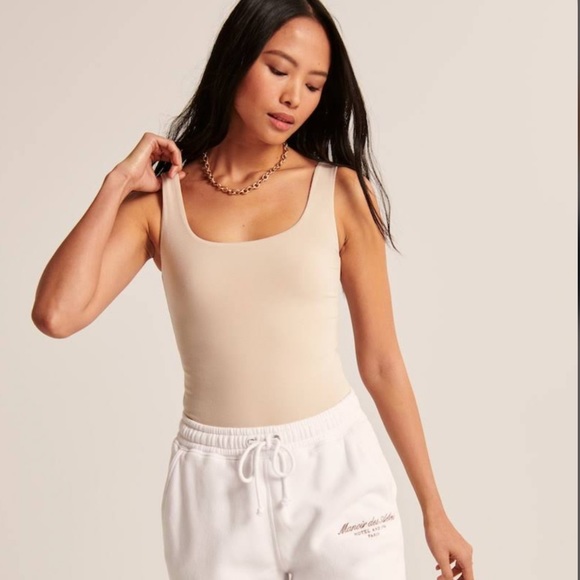 Abercrombie & Fitch Seamless Rib Fabric Tank Bodysuit Beige XL like new - Picture 2 of 4